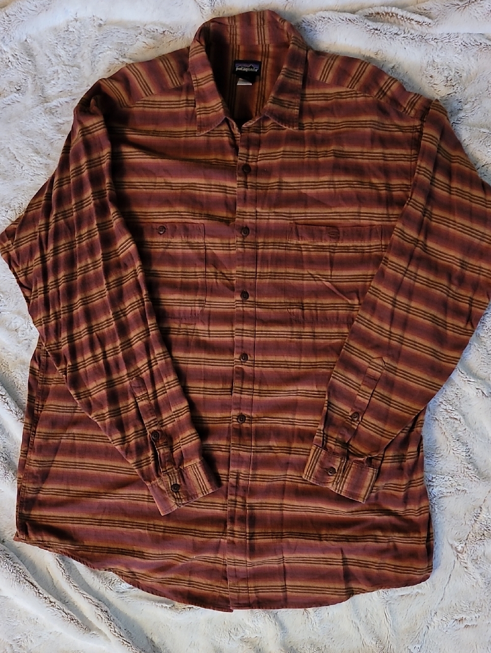 Patagonia Men's Rust and Brown Striped Button-Down Shirt